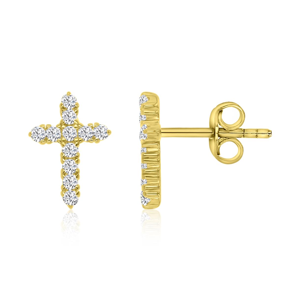 Sterling Silver Yellow 12X8MM Polished White CZ Cross Stud Earrings