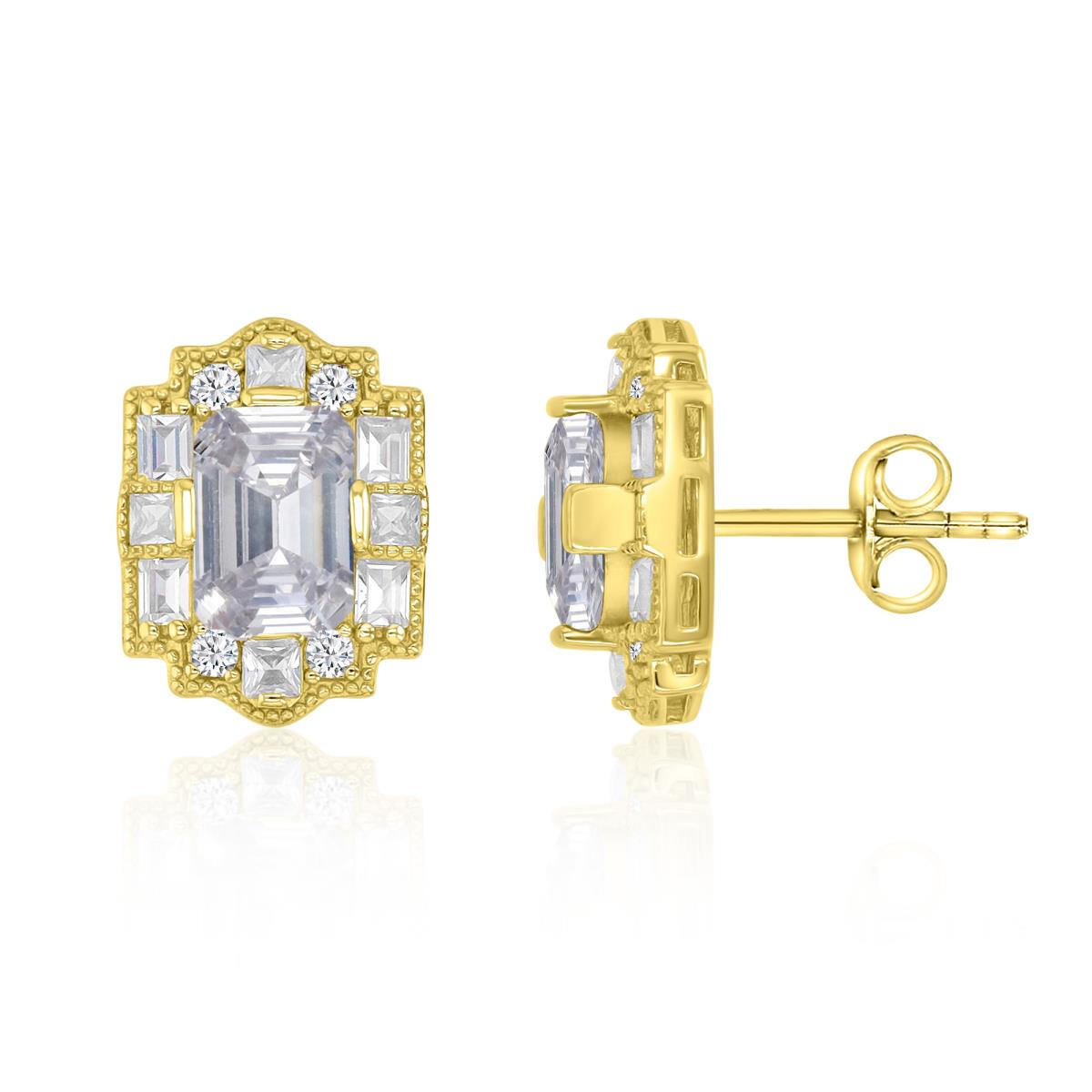 Sterling Silver Yellow 15X11.5MM Polished White CZ Vintage Emerald Cut Stud Earrings