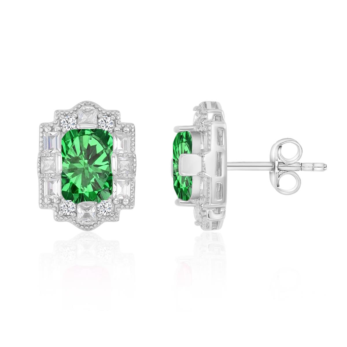 Sterling Silver Rhodium 15X11.5MM Polished Green & White CZ Vintage Emerald Cut Stud Earrings
