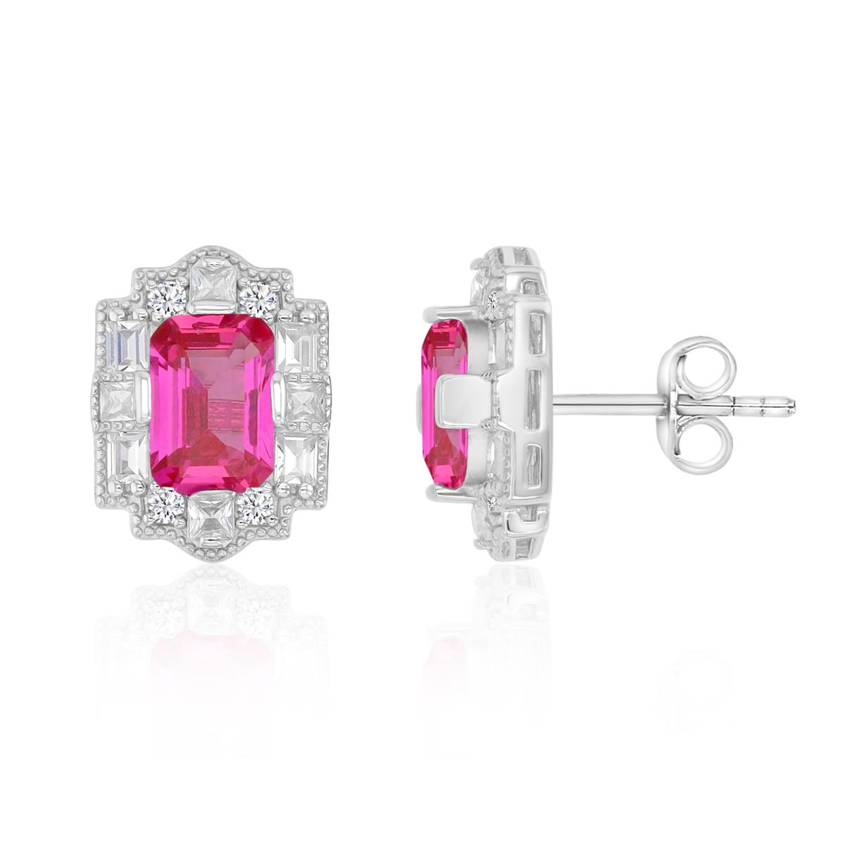 Sterling Silver Rhodium 15X11.5MM Polished Cr Pink & Cr White Sapphire Vintage Emerald Cut Stud Earrings