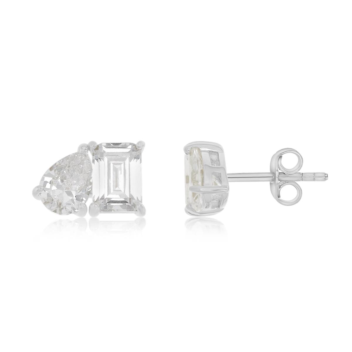 Sterling Silver Rhodium 11.5X8MM Polished White CZ Emerald & Pear Cut Stud Earrings