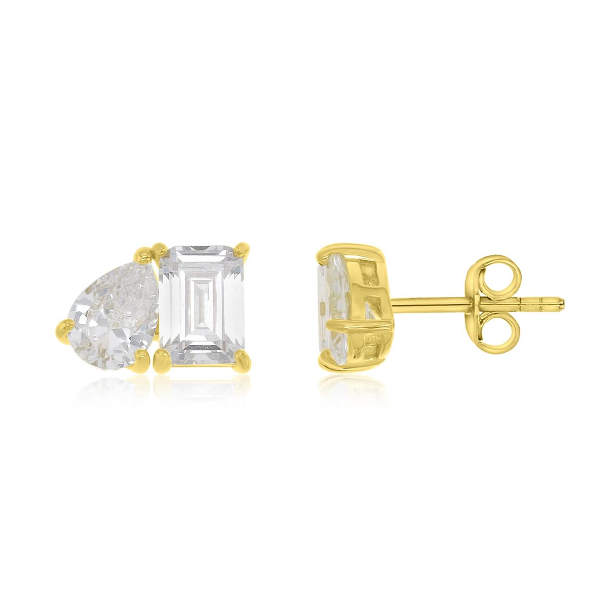 Sterling Silver Yellow 11.5X8MM Polished White CZ Emerald & Pear Cut Stud Earrings