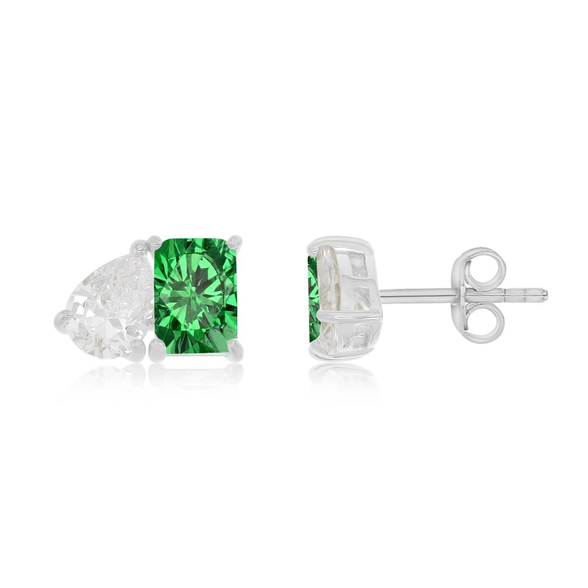 Sterling Silver Rhodium 11.5X8MM Polished Green & White CZ Emerald & Pear Cut Stud Earrings