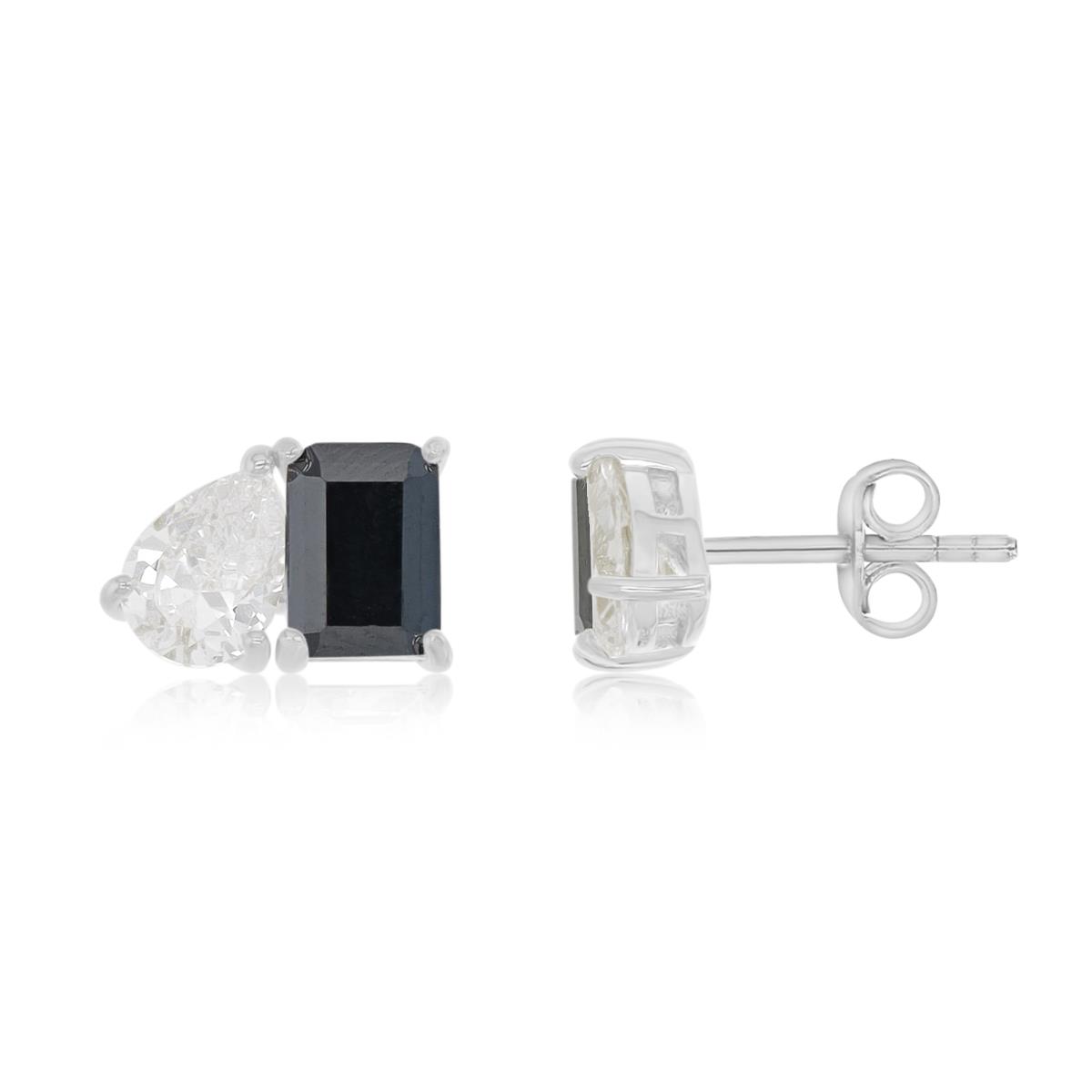 Sterling Silver Rhodium 11.5X8MM Polished Black & White CZ Emerald & Pear Cut Stud Earrings