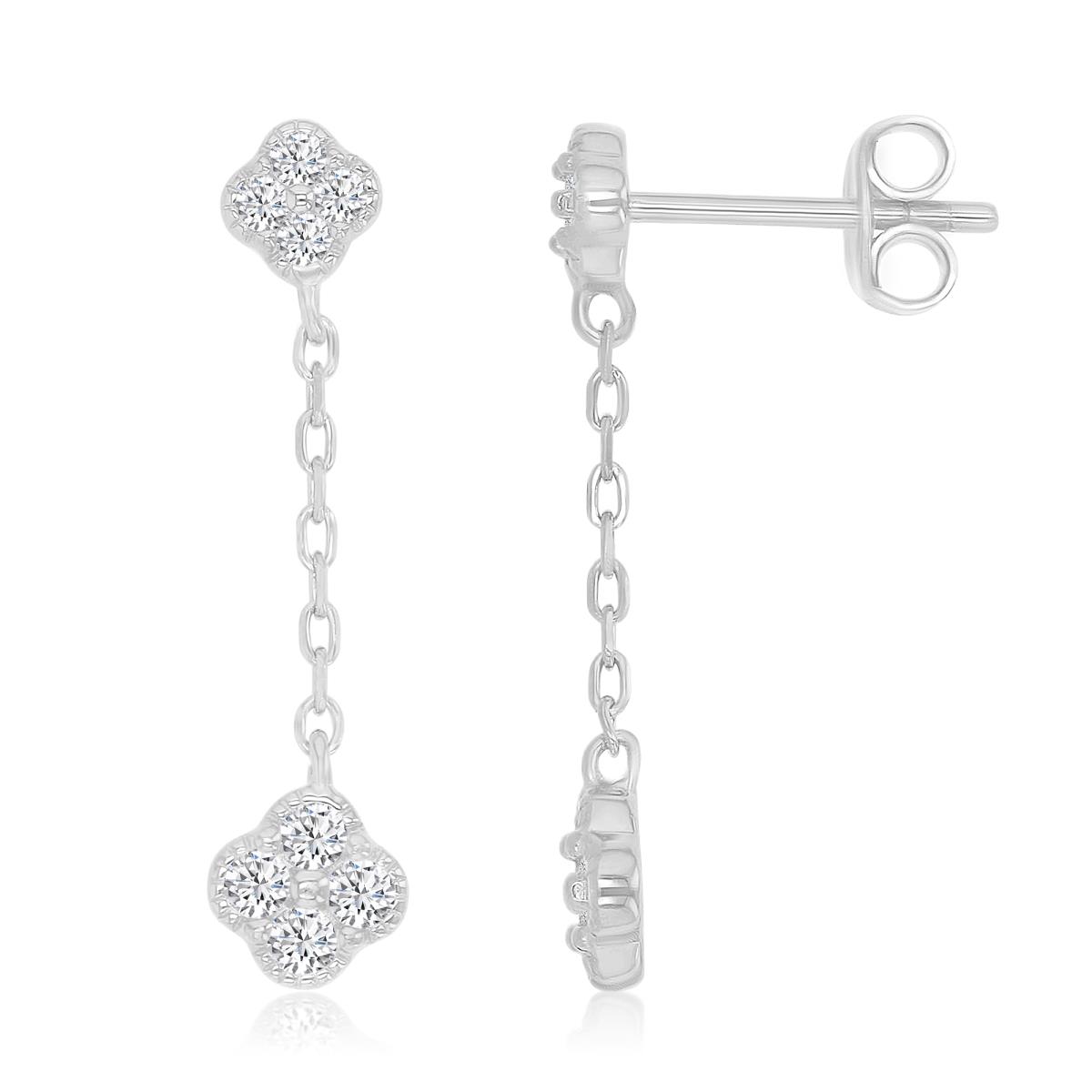Sterling Silver Rhodium 25X6MM Polished White CZ Clover Dangling Earrings