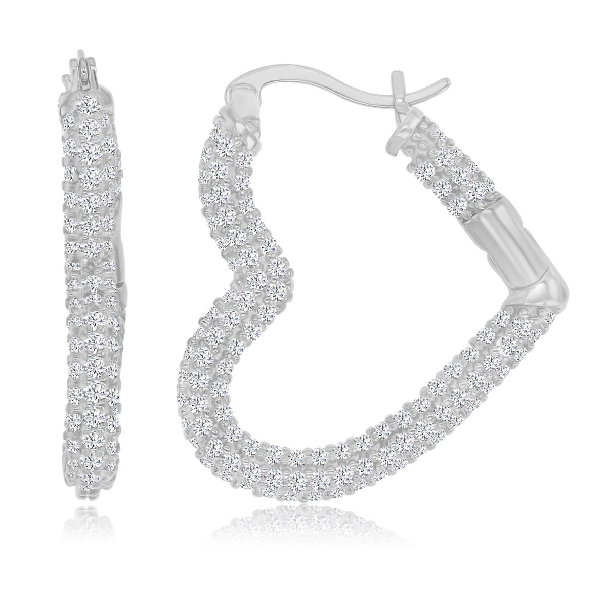 Sterling Silver Rhodium 22X20MM Polished White CZ Pave Heart Hoop Earrings