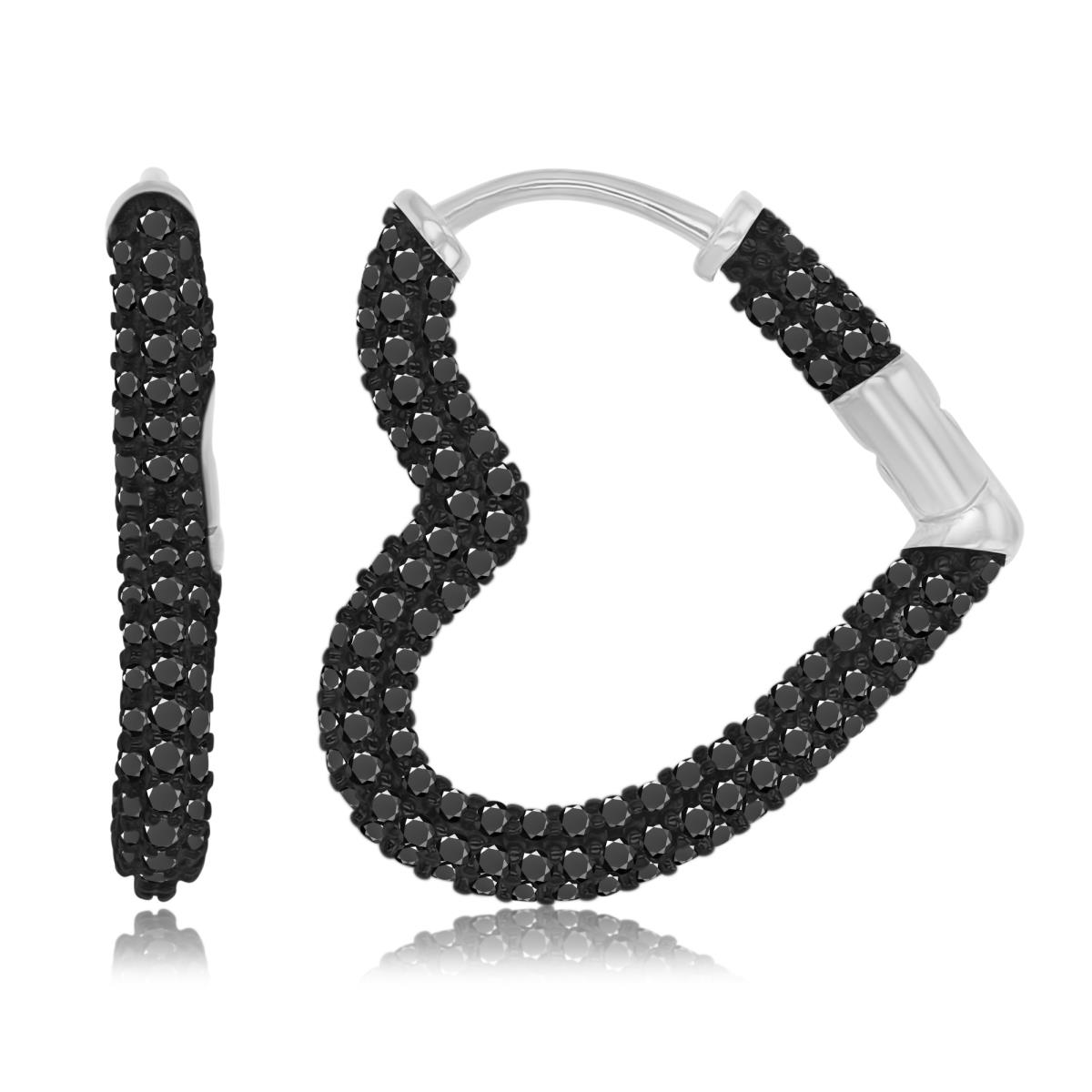 Sterling Silver Black & White 22X20MM Polished Black Spinel Pave Heart Hoop Earrings