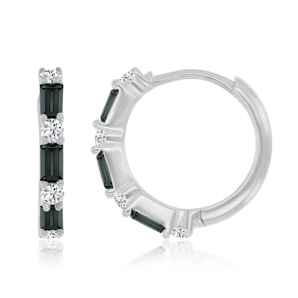 Sterling Silver Rhodium 14X2MM Polished Black Spinel & Cr White Sapphire Baguette Cut Huggie Earrings