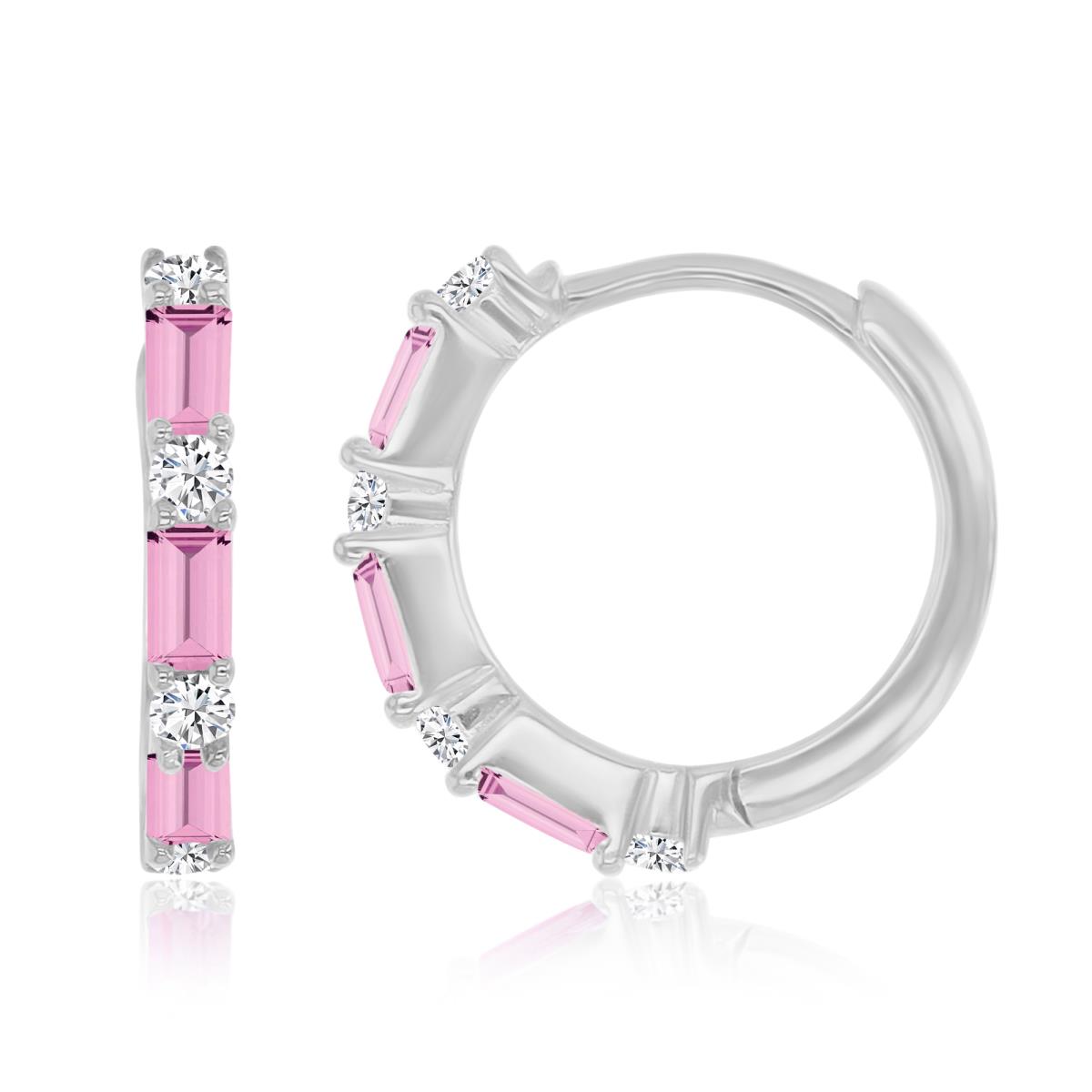 Sterling Silver Rhodium 14X2MM Polished Cr Pink & Cr White Sapphire Baguette Cut Huggie Earrings