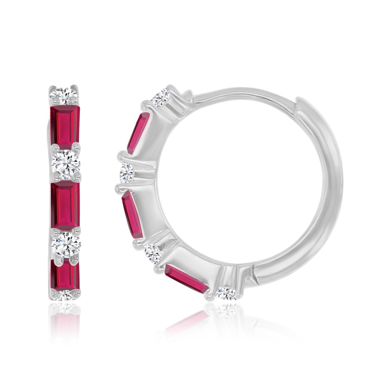 Sterling Silver Rhodium 14X2MM Polished Cr Ruby & Cr White Sapphire Baguette Cut Huggie Earrings