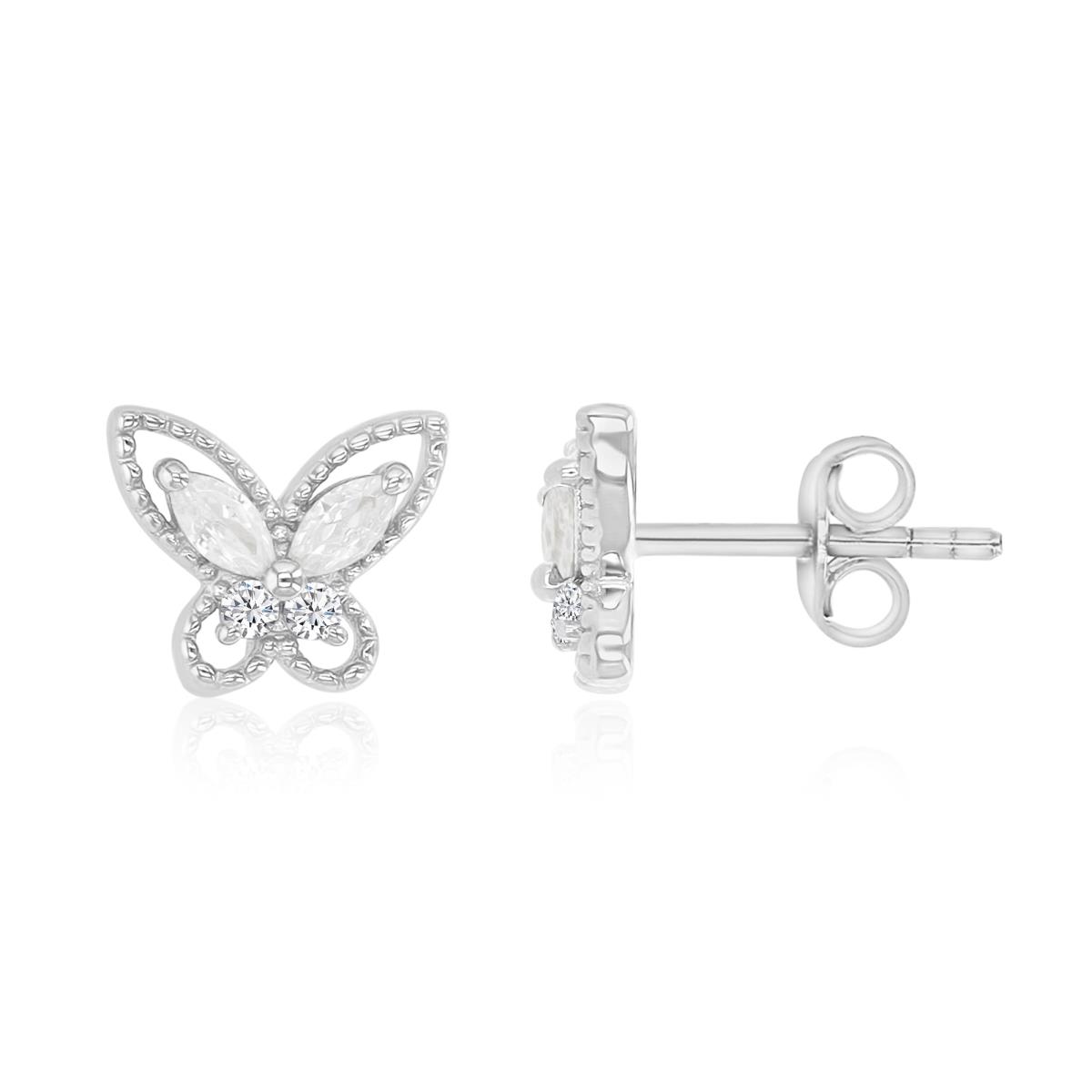 Sterling Silver Rhodium 9.5X8MM Polished White CZ Butterfly Stud Earrings