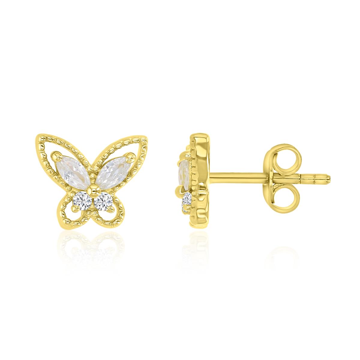 Sterling Silver Yellow 9.5X8MM Polished White CZ Butterfly Stud Earrings