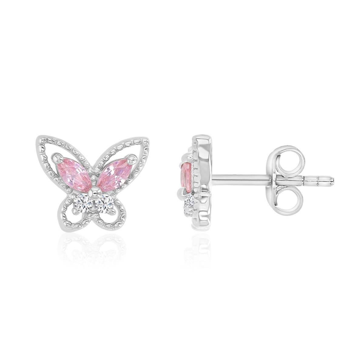 Sterling Silver Rhodium 9.5X8MM Polished Pink & White CZ Butterfly Stud Earrings