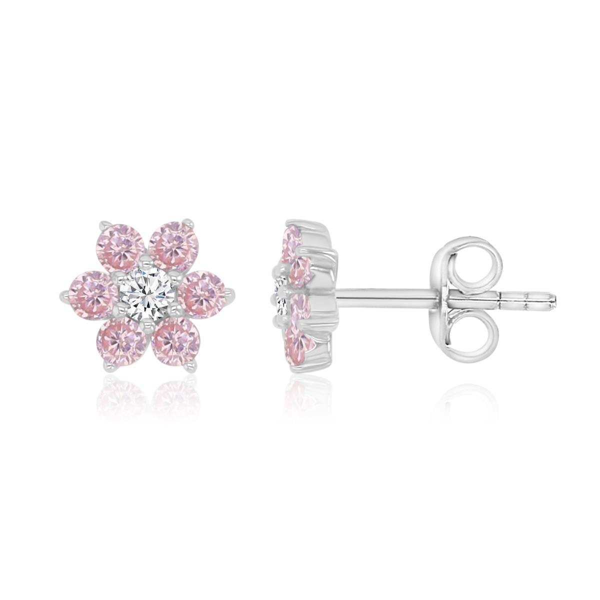 Sterling Silver Rhodium 6MM Polished Pink & White CZ Flower Stud Earrings