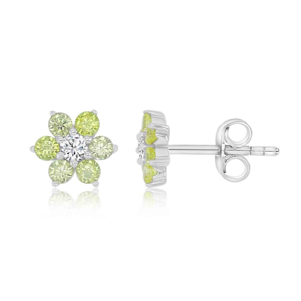 Sterling Silver Rhodium 6MM Polished Yellow & White CZ Flower Stud Earrings
