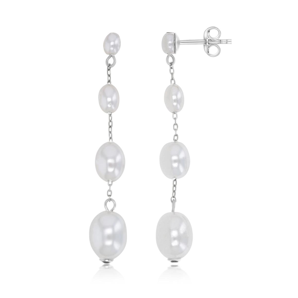 Sterling Silver Rhodium 46X7.6MM Polished White Synthetic Pearl Dangling Earrings
