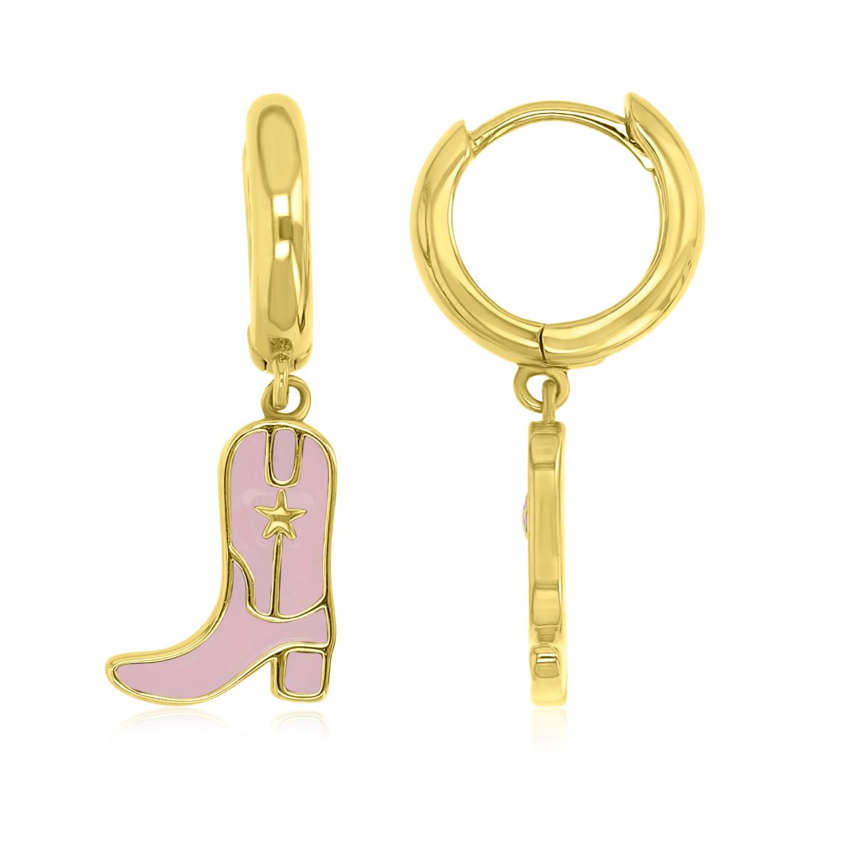 Sterling Silver Yellow 25X9MM Polished Pink Enamel Dangling Cowboy Boot Earrings