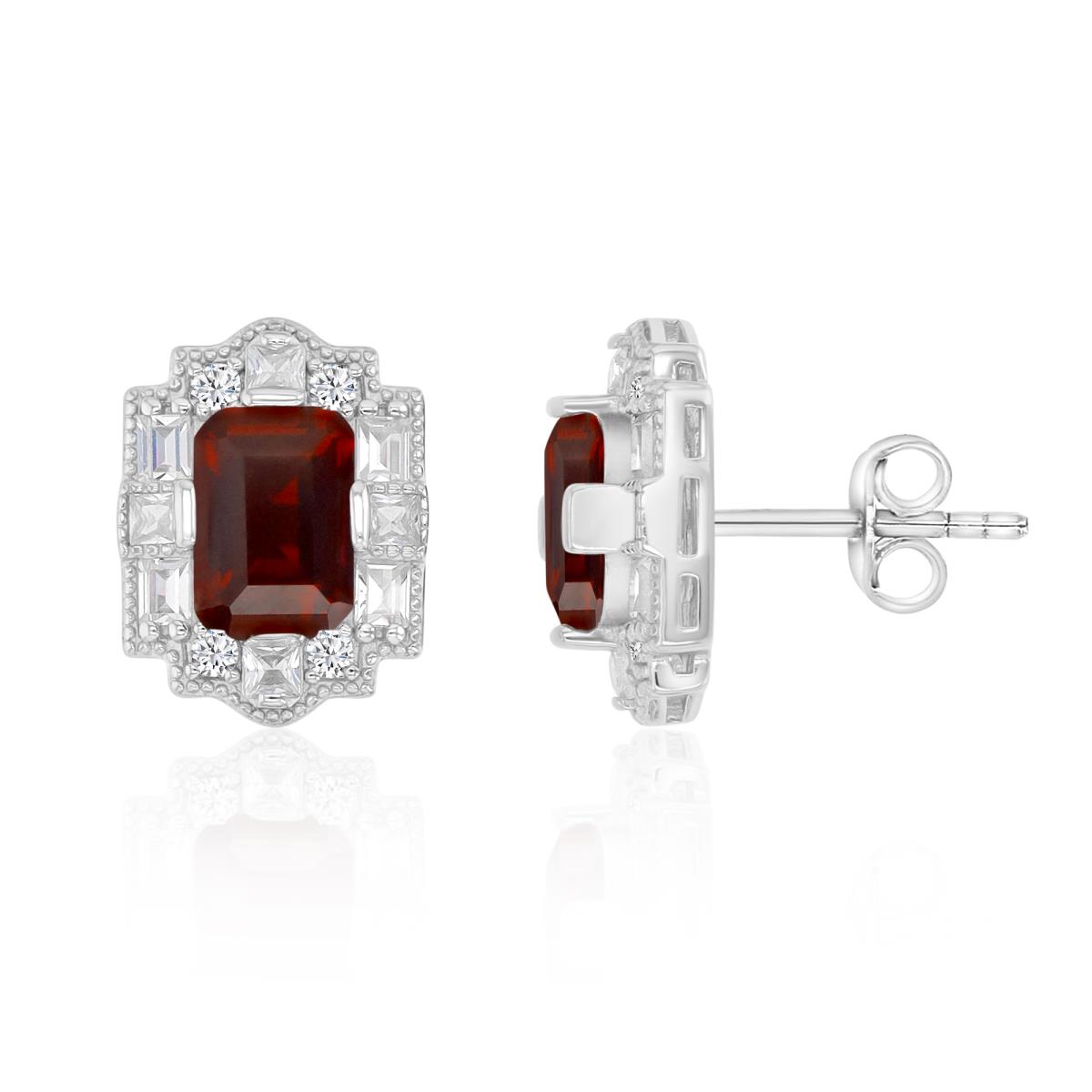 Sterling Silver Rhodium 15X11.5MM Polished Cr Ruby & Cr White Sapphire Vintage Emerald Cut Stud Earrings