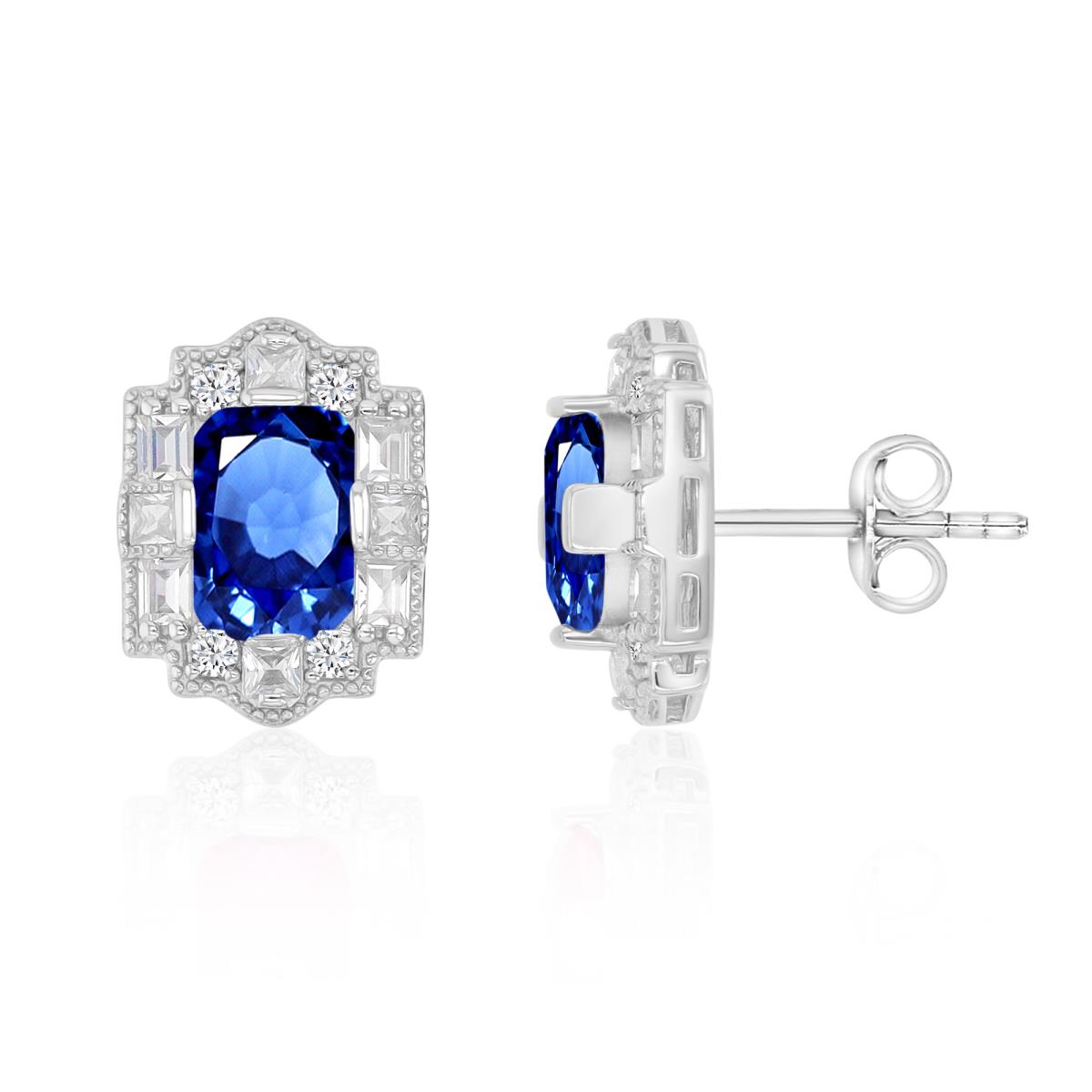 Sterling Silver Rhodium 15X11.5MM Polished Cr Blue & Cr White Sapphire Vintage Emerald Cut Stud Earrings