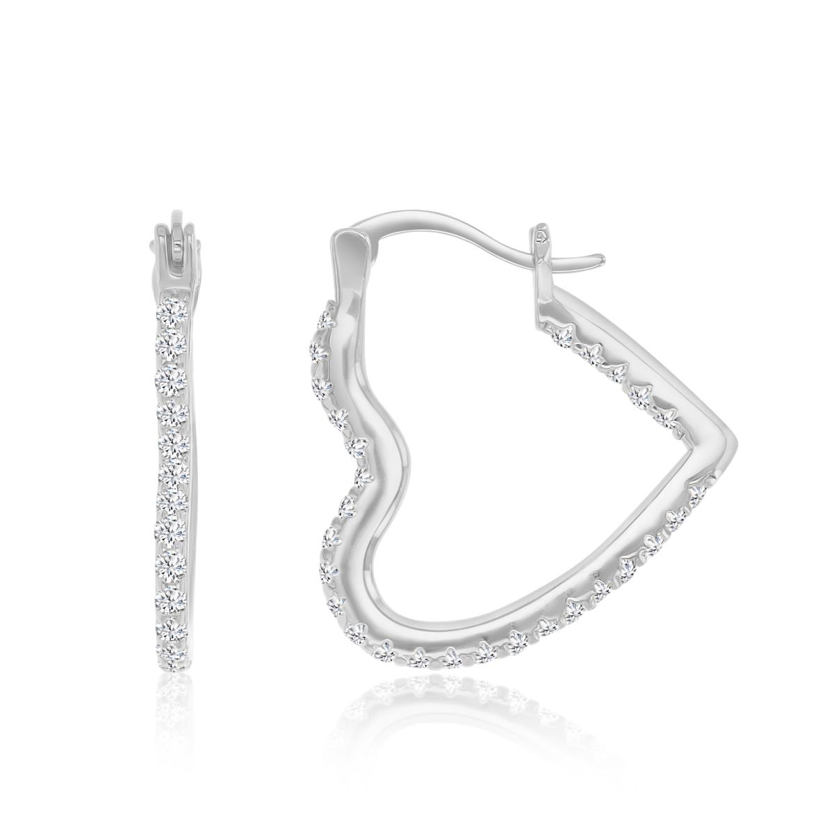 Sterling Silver Rhodium 22X1.5MM Polished White CZ Heart Hoop Earrings
