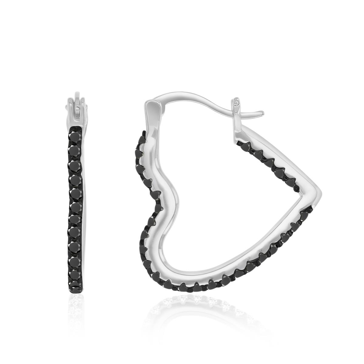 Sterling Silver Black & White 22X1.5MM Polished Black Spinel Heart Hoop Earrings