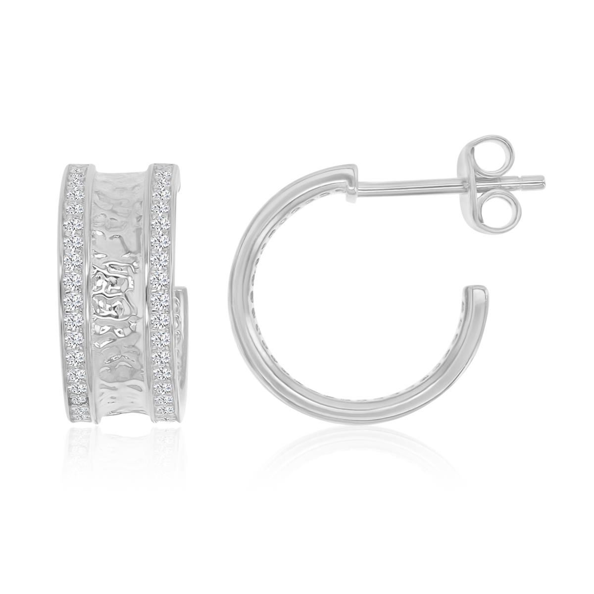 Sterling Silver Rhodium 14X6.5MM Polished & Hammered White CZ Semi Hoop Earrings