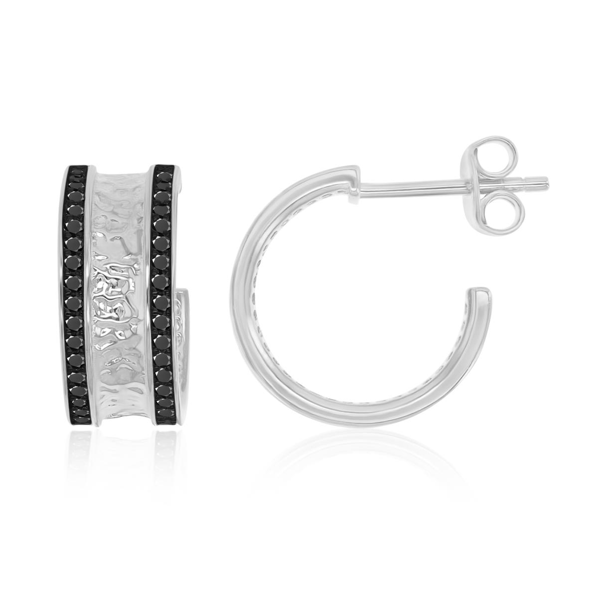 Sterling Silver Black & White 14X6.5MM Polished & Hammered Black Spinel Semi Hoop Earrings