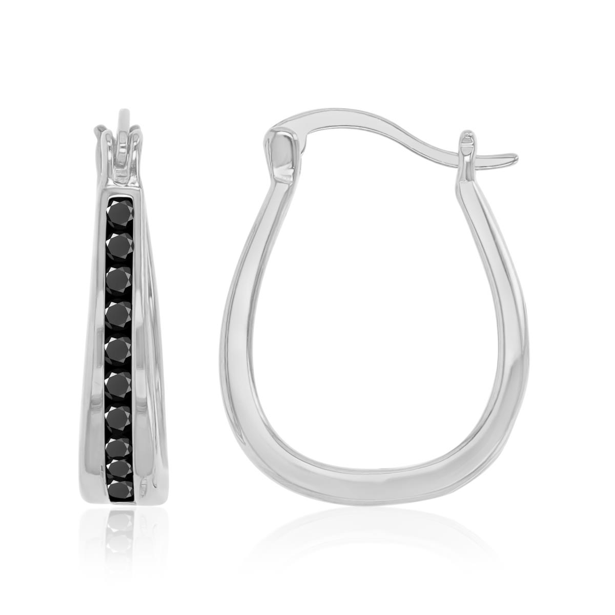 Sterling Silver Black & White 20X4MM Polished Black Spinel Oval Hoop Earrings