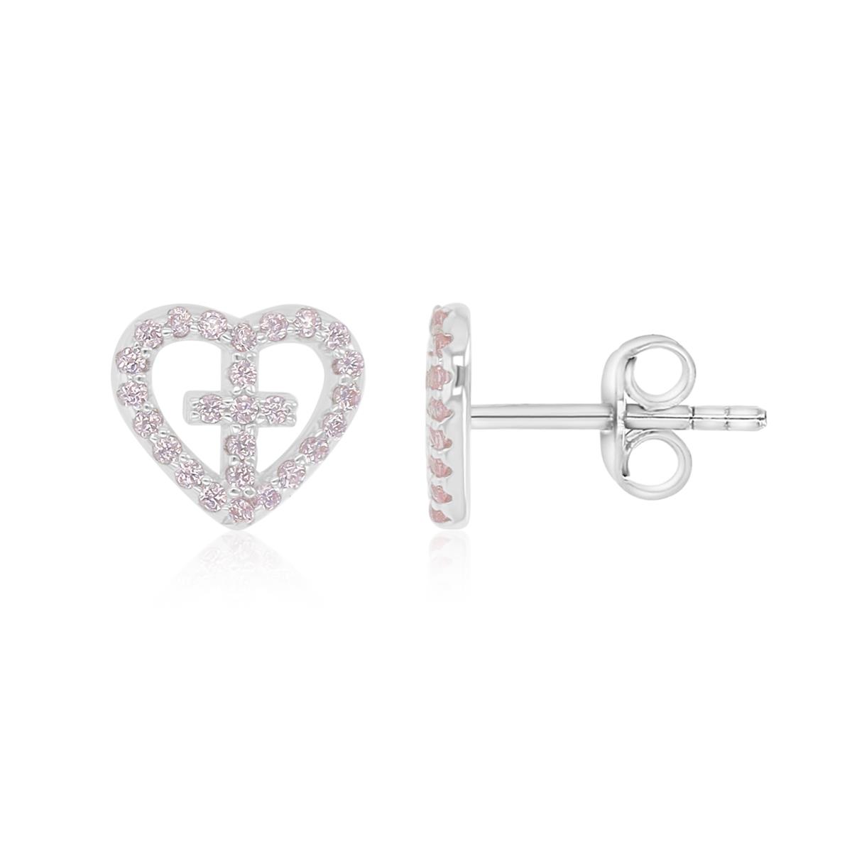 Sterling Silver Rhodium 9X8MM Polished Pink CZ Heart & Cross Stud Earrings