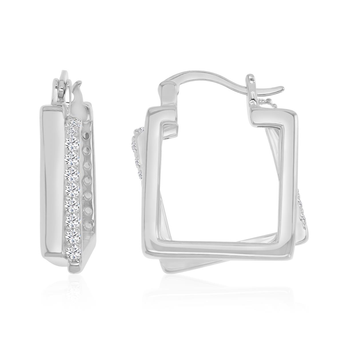 Sterling Silver Rhodium 20X4MM Polished White CZ Double Square Hoop Earrings
