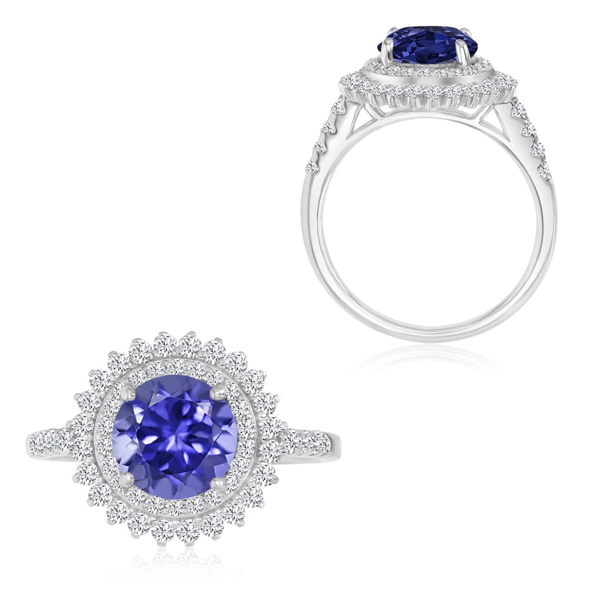 Brass White Plated 14X7MM Polished Tanzanite Stones & White CZ Engagement Ring