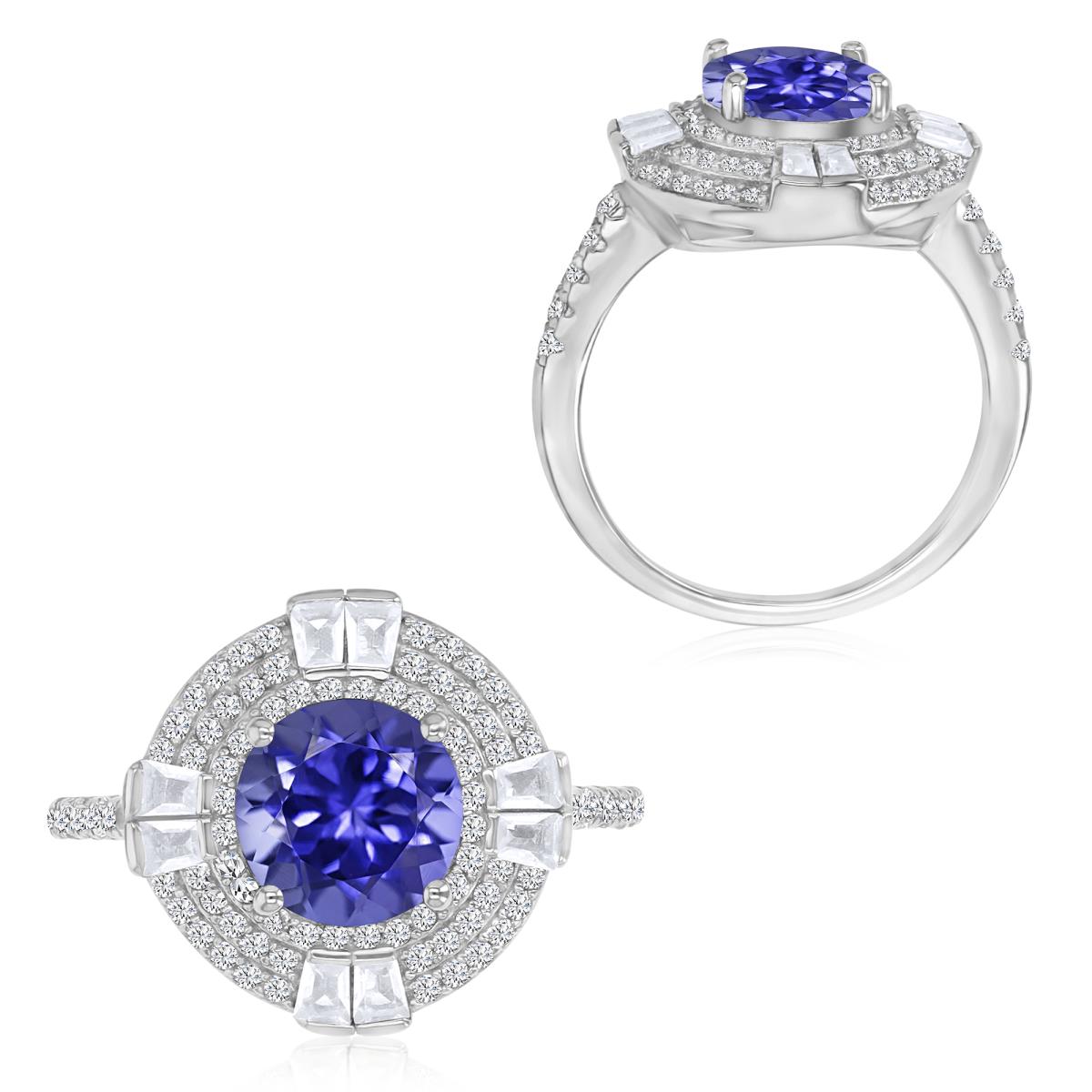 Sterling Silver Rhodium 15X7MM Polished Tanzanite Stones & White CZ Cocktail Ring
