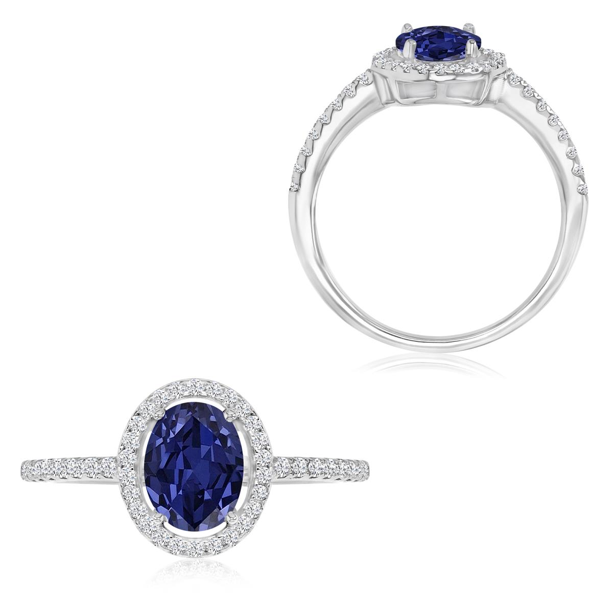 Sterling Silver Rhodium 11X5MM Polished Tanzanite Stones & White CZ Oval Cut Engagement Ring