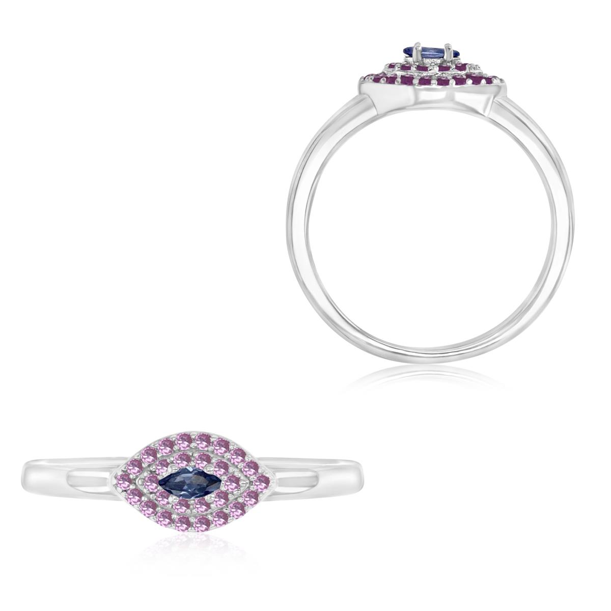 Sterling Silver Rhodium 6.5X4.5MM Polished Tanzanite CZ & Cr Pink Sapphire Marquise Cut Ring
