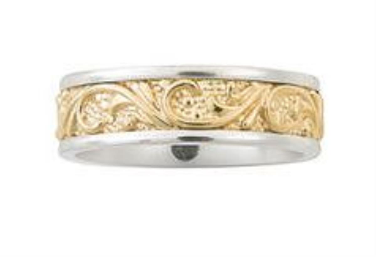 14K Two-Tone Gold 7mm Comfort Feel Vintage Floral Engraved Wedding Band