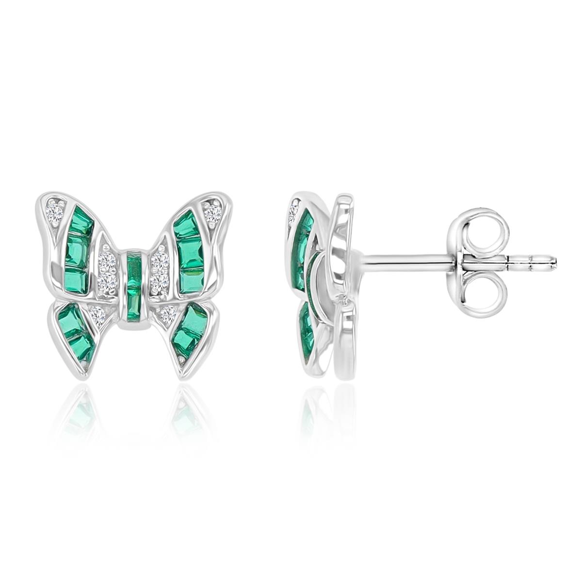 Sterling Silver Rhodium 11X10MM Polished Green Nano Besel Butterfly Stud Earrings