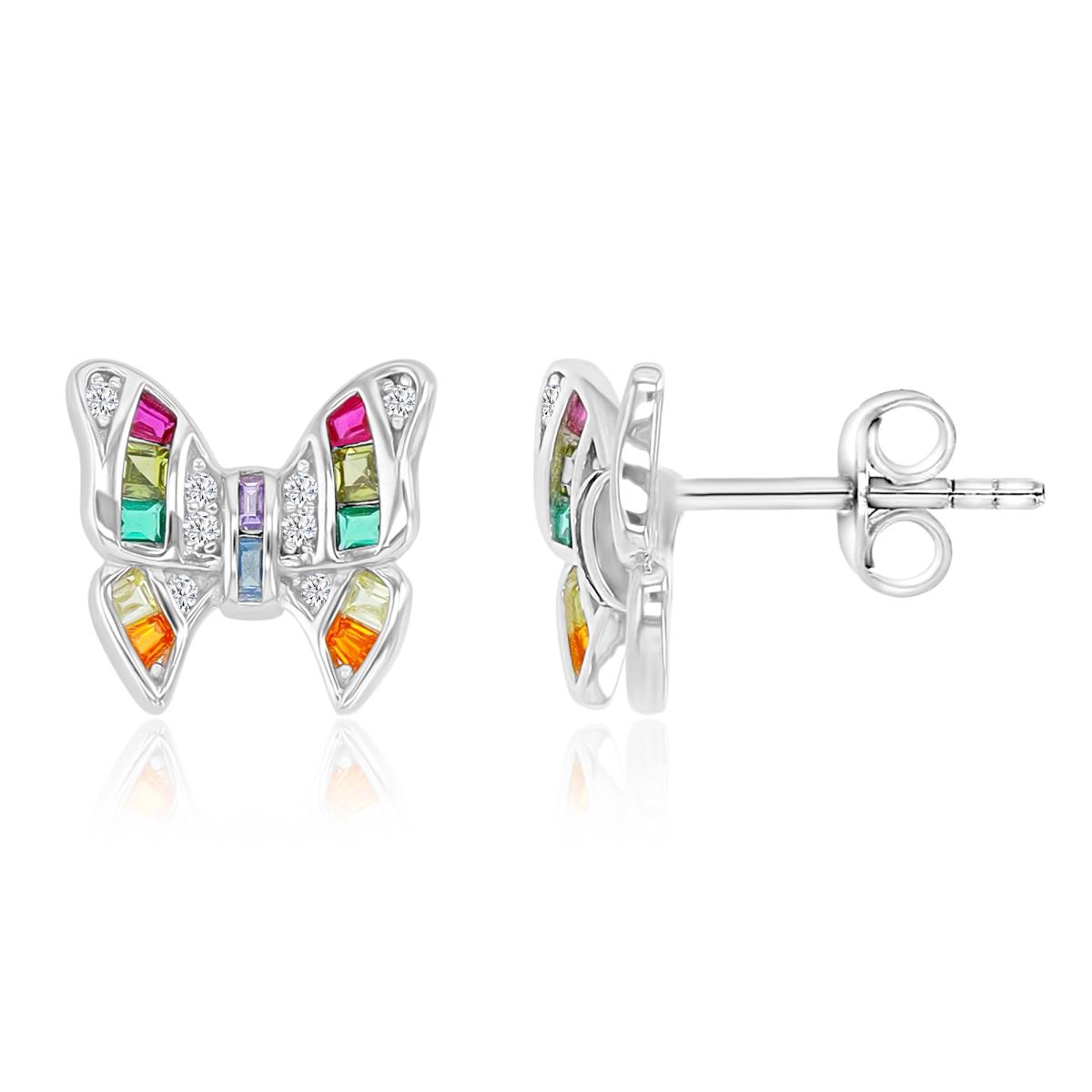 Sterling Silver Rhodium 11X10MM Polished Multi Color & White CZ Besel Butterfly Stud Earrings