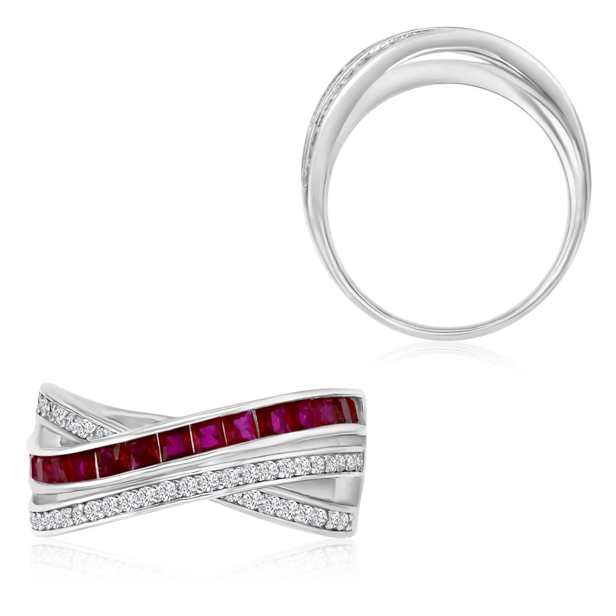 Sterling Silver Rhodium 9.5X4MM Polished Cr Ruby & Cr White Sapphire Criss Cross Bezel Ring