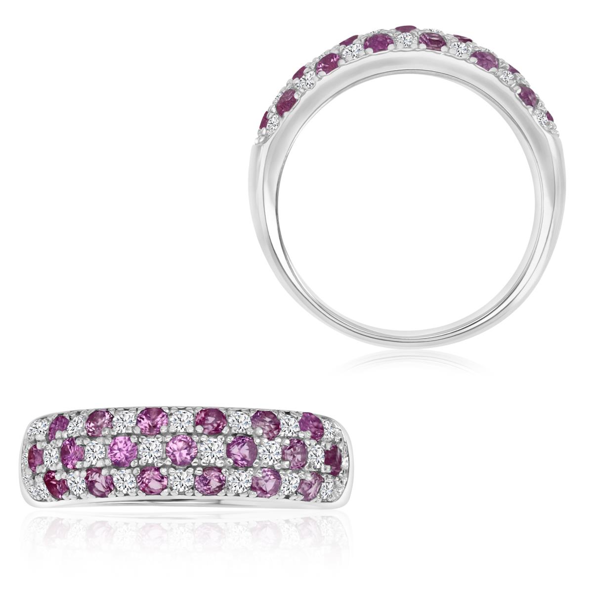 Sterling Silver Rhodium 6X3MM Polished Cr Pink & Cr White Sapphire Half Pave Band Ring