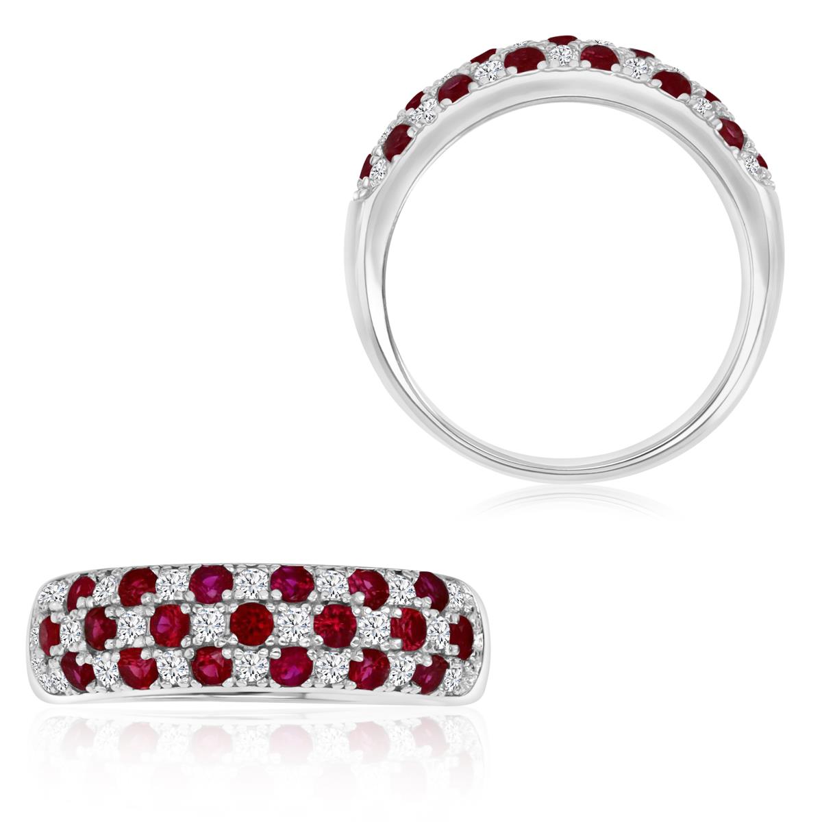 Sterling Silver Rhodium 6X3MM Polished Ruby Stones & White CZ Half Pave Band Ring