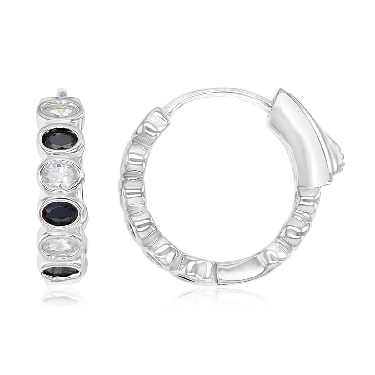 Sterling Silver Rhodium 15X4MM Polished Black & White CZ Oval Cut Bezel Hoop Earrings