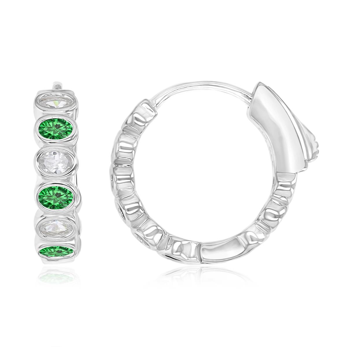 Sterling Silver Rhodium 15X4MM Polished Green & White CZ Oval Cut Bezel Hoop Earrings