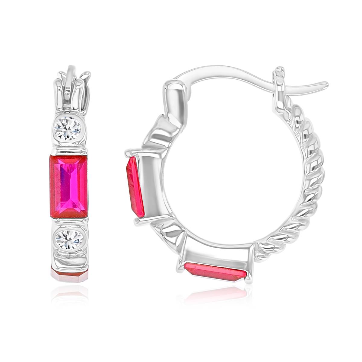 Sterling Silver Rhodium 17X3MM Polished Cr Ruby & Cr White Sapphire Straight Baguette Cut Hoop Earrings