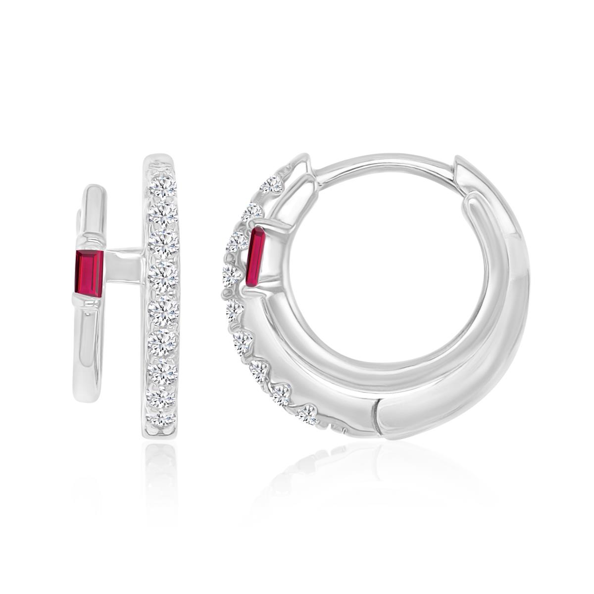 Sterling Silver Rhodium 14.5X5MM Polished Cr Ruby & White CZ Baguette Cut Double Huggie Earrings