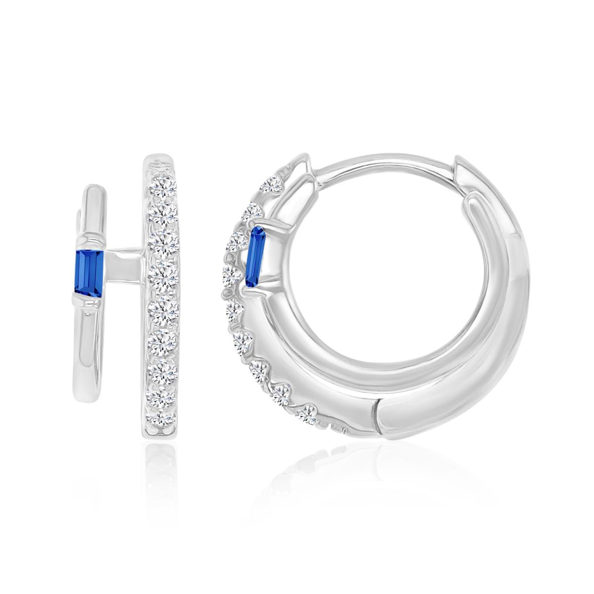 Sterling Silver Rhodium 14.5X5MM Polished Cr Blue & White CZ Baguette Cut Double Huggie Earrings