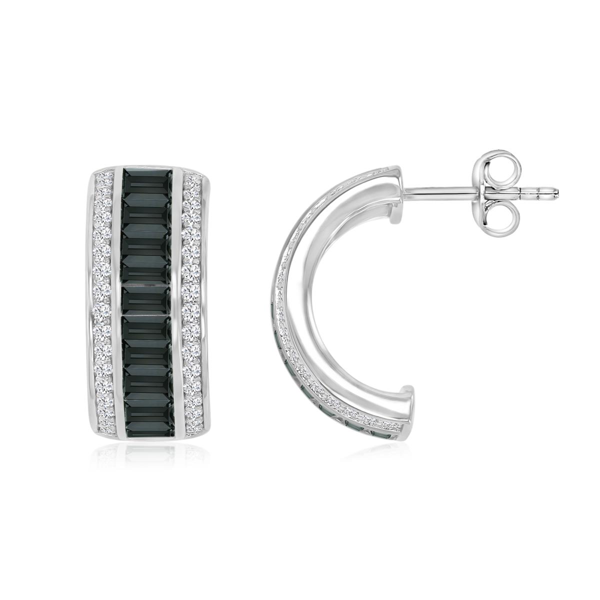 Sterling Silver Black & White 20.5X9.5MM Polished Black Spinel Baguette Cut Semi Hoop Stud Earrings