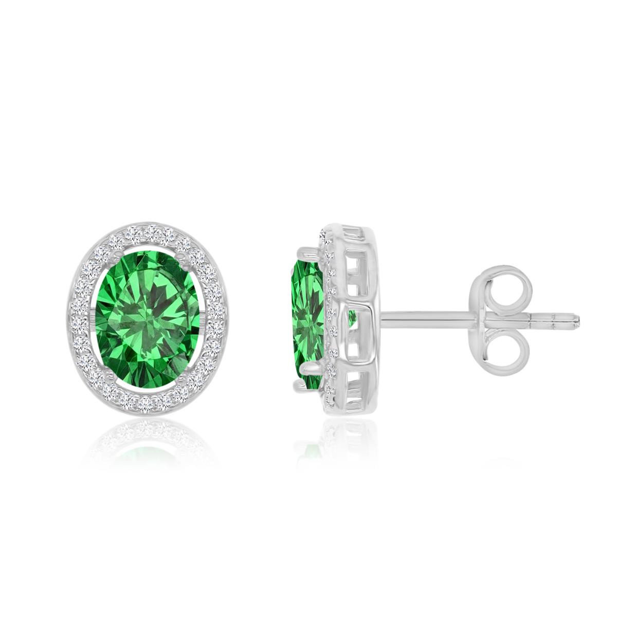 Sterling Silver Rhodium 11MM Polished Green & White CZ Oval Cut Stud Earrings