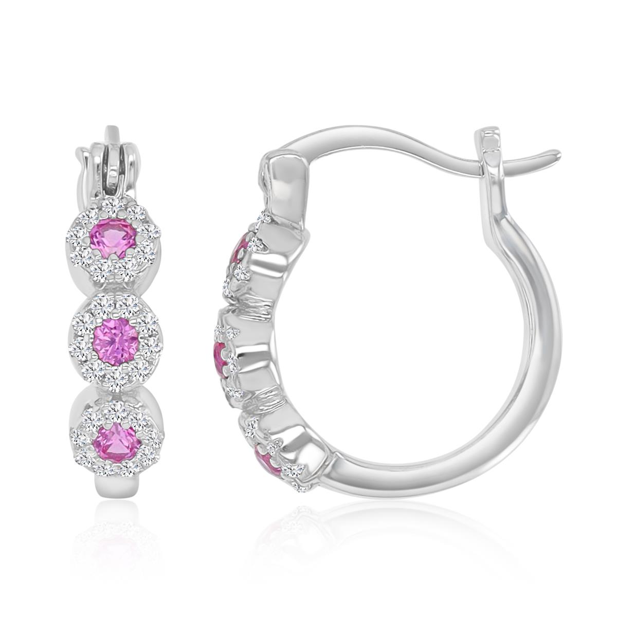 Sterling Silver Rhodium 16X4MM Polished Cr Pink & Cr White Sapphire Snap Bar Hoop Earrings