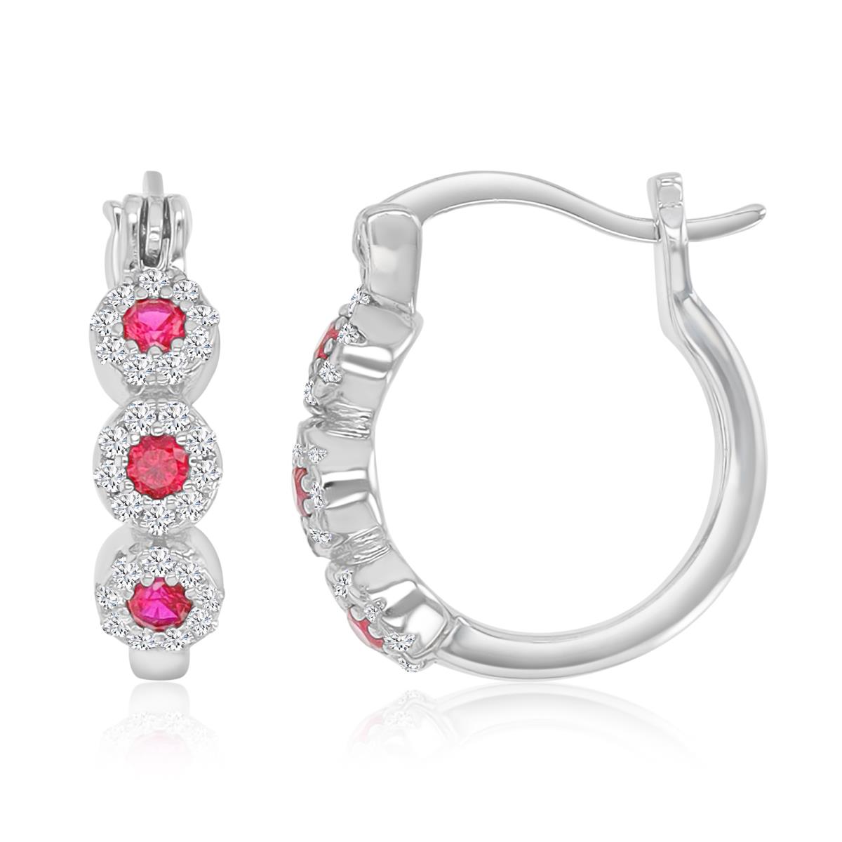 Sterling Silver Rhodium 16X4MM Polished Cr Ruby & Cr White Sapphire Snap Bar Hoop Earrings