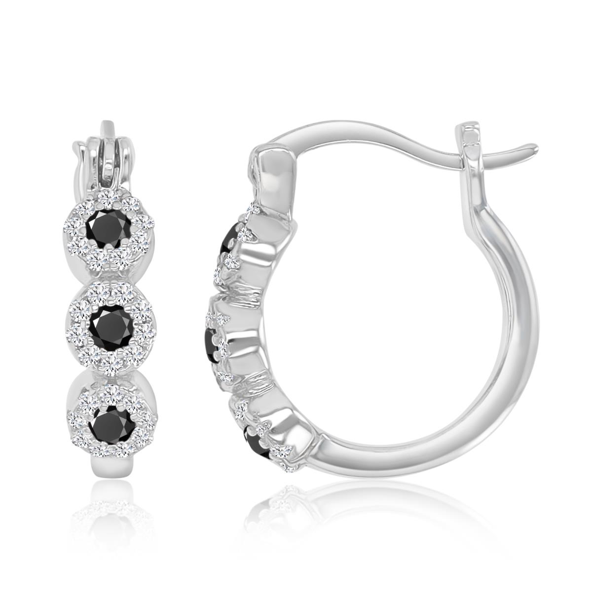 Sterling Silver Rhodium 16X4MM Polished Black Spinel & Cr White Sapphire Snap Bar Hoop Earrings